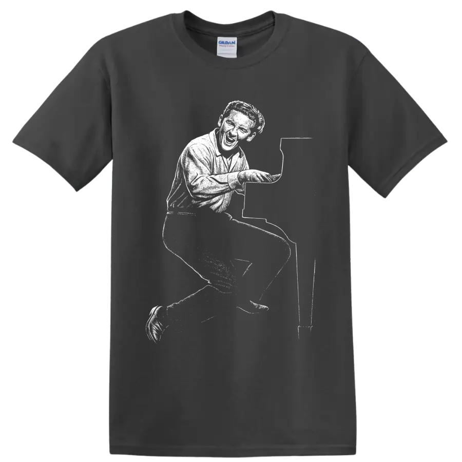 Jerry Lee Lewis-style monochrome graphic of a rock and roll pianist performing at a piano on a T shirt on a Charcoal T Shirt