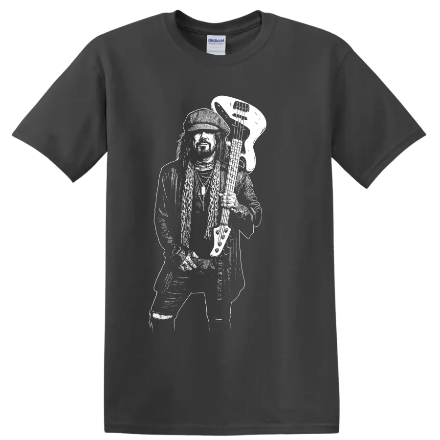 High-contrast Nikki Sixx portrait in a raw monochrome rock poster style on a Charcoal T Shirt