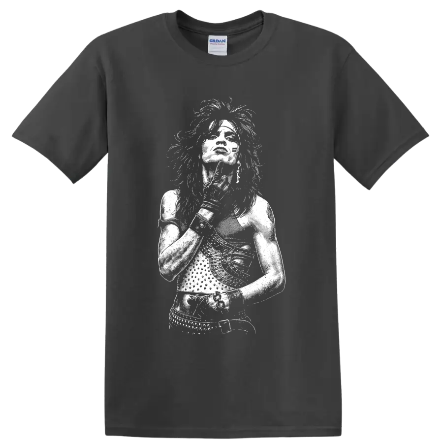 High-contrast white Tommy Lee portrait in a bold monochrome rock graphic style on a Charcoal T Shirt