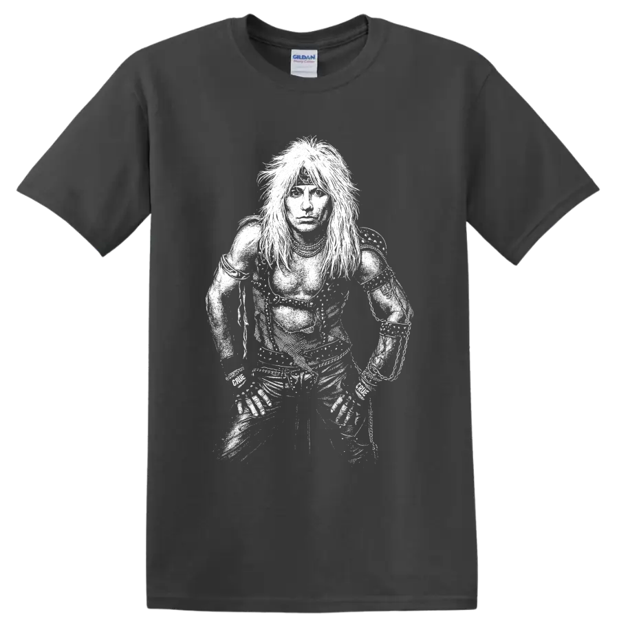 High-contrast black-and-white Vince Neil portrait in a dramatic rock performance style on a Charcoal T Shirt