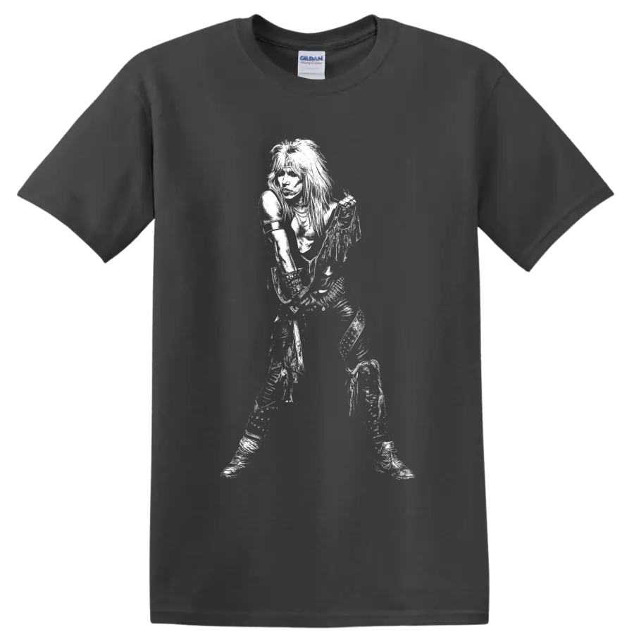 High-contrast black-and-white portrait of Vince Neil of Mötley Crüe on a Charcoal T Shirt