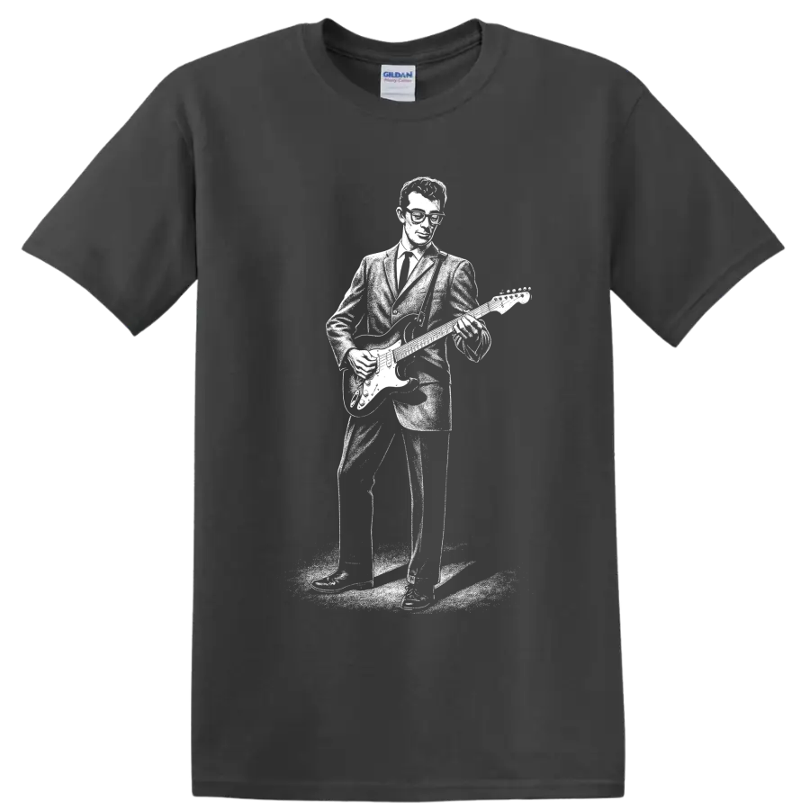 Buddy Holly inspired guitarist silhouette in bold vintage rock and roll style on a Charcoal T Shirt