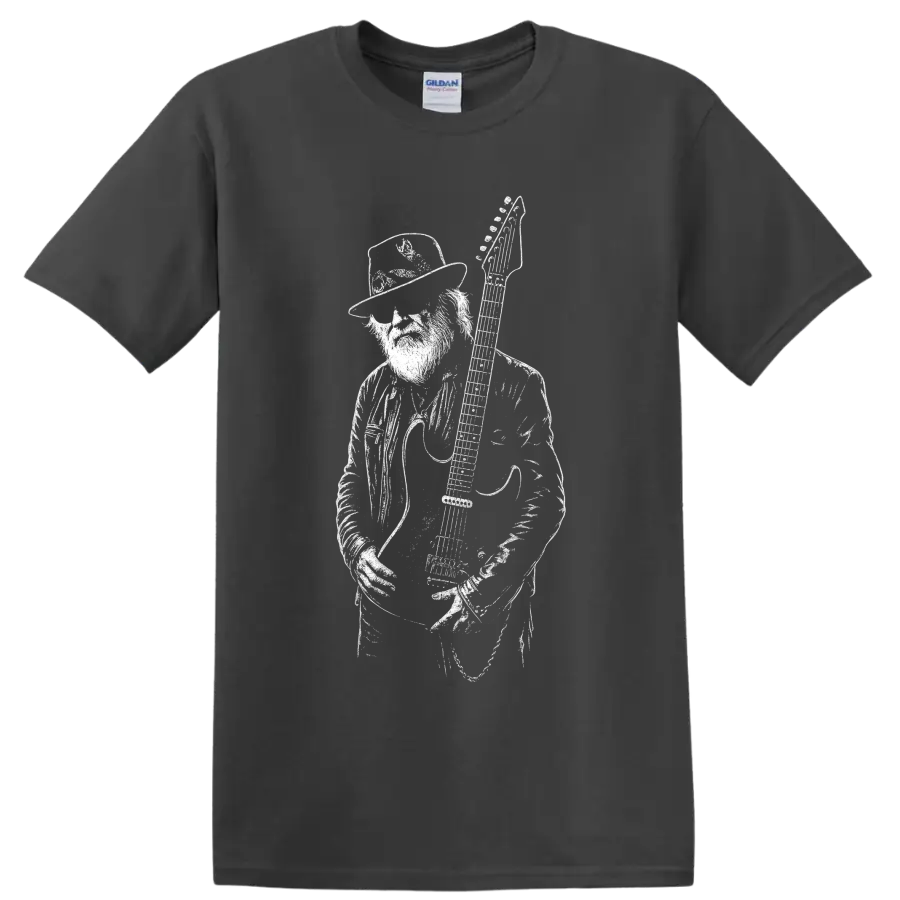 Billy Gibbons with electric guitar in bold monochrome rock portrait illustration on a Charcoal T Shirt
