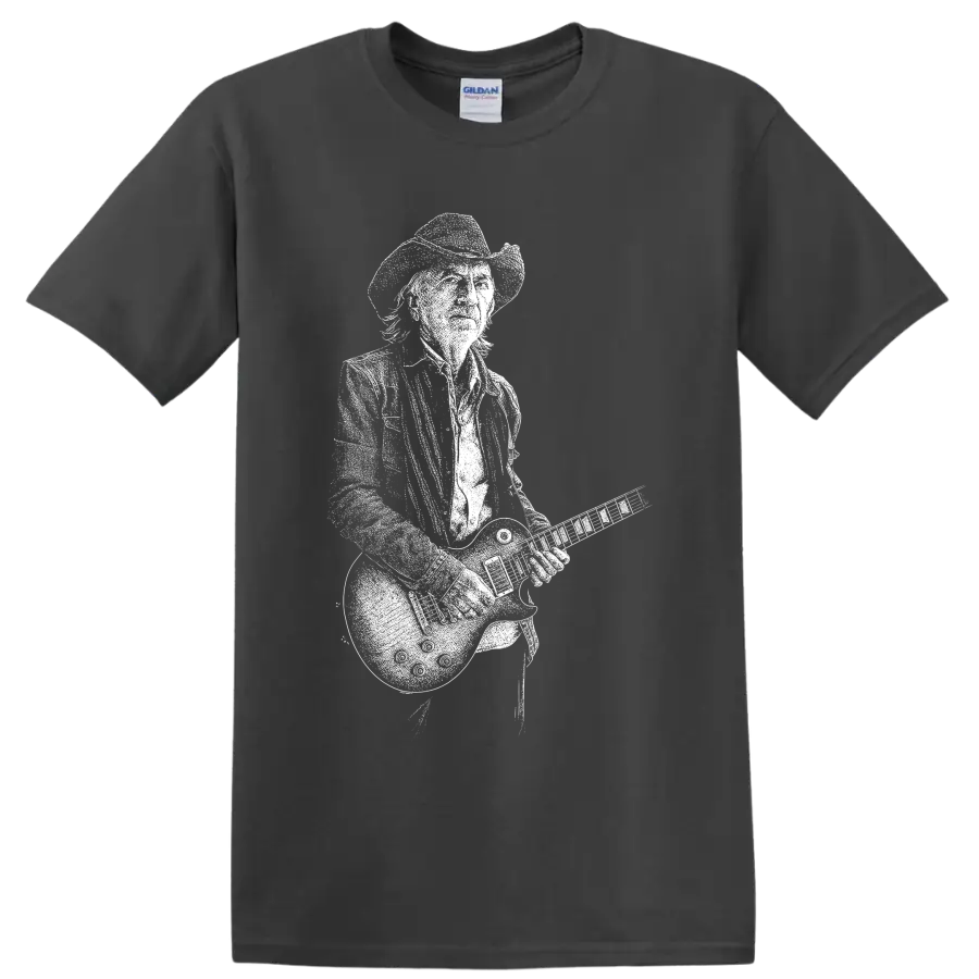 White silhouette of Stevie Ray Vaughan in hat playing guitar on a Charcoal T Shirt