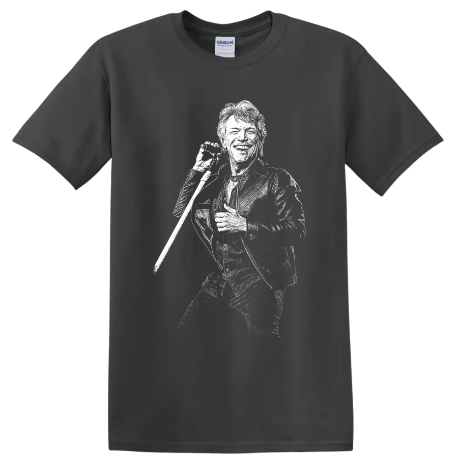 High-contrast Mick Jagger microphone portrait in black-and-white rock art on a Charcoal T Shirt