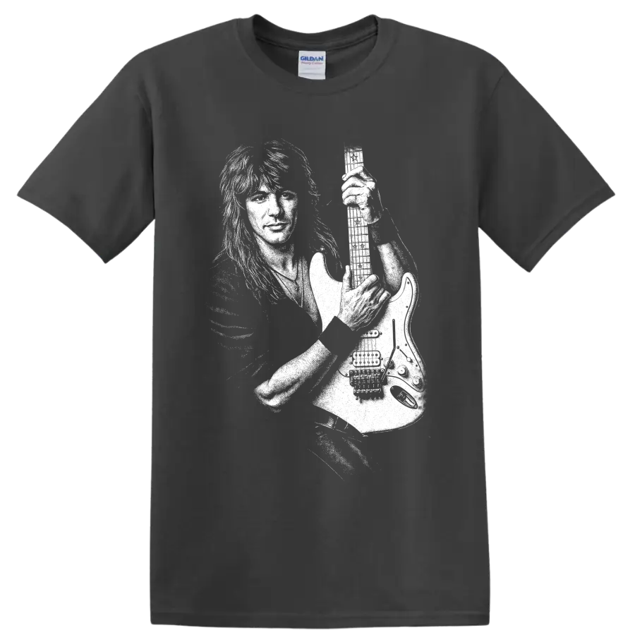 Black-and-white Richie Sambora guitarist stage portrait graphic on a Charcoal T Shirt