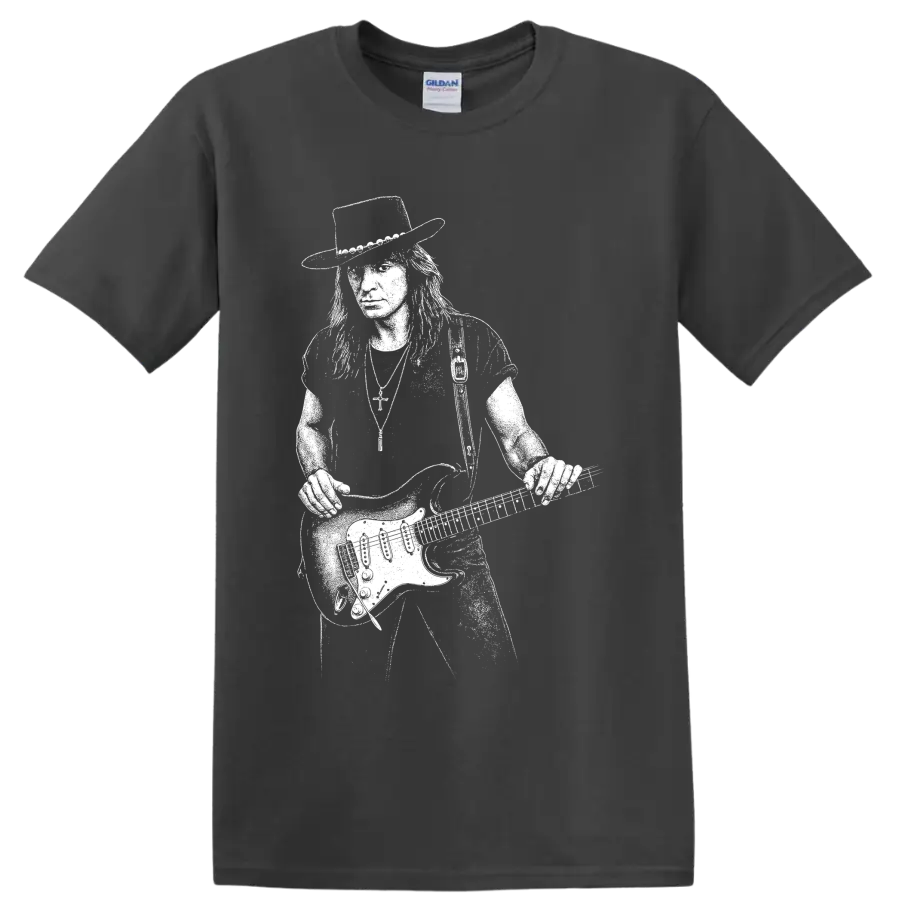 White guitarist performance silhouette with raised electric guitar on a Charcoal T Shirt