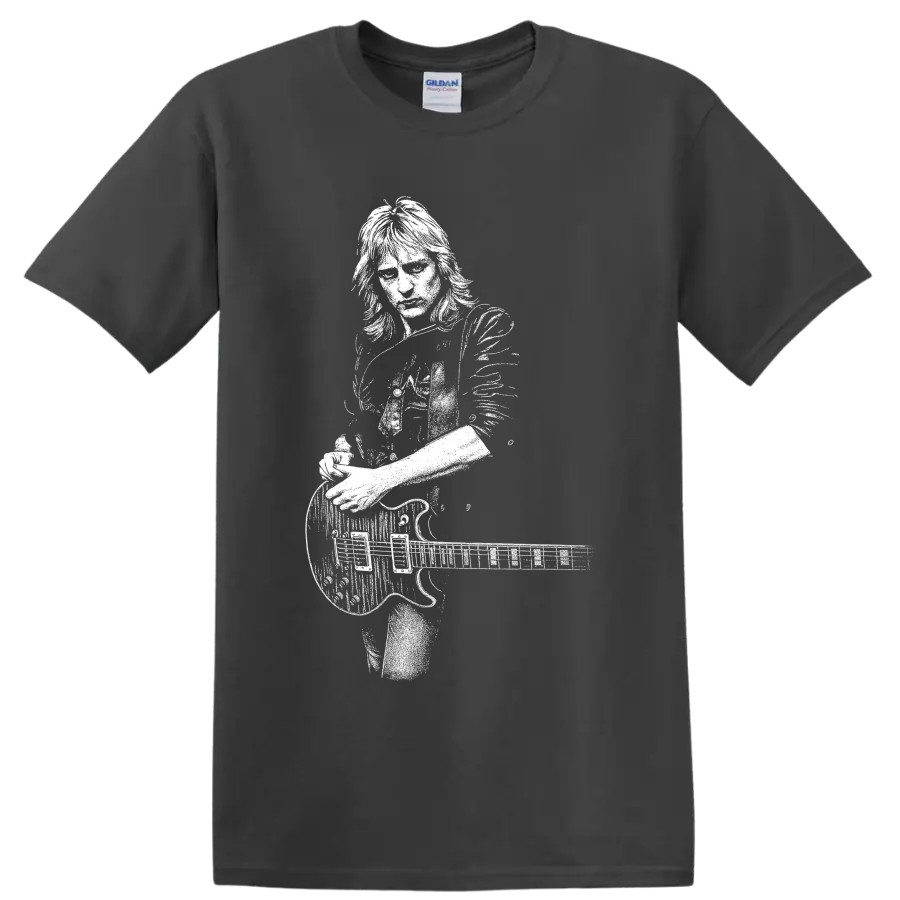 Phil Collen of Def Leppard playing guitar in a bold monochrome portrait illustration on a Charcoal T Shirt