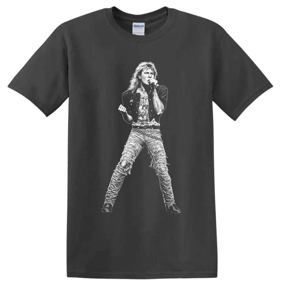 Joe Elliott Def Leppard singer silhouette holding microphone in bold graphic style on a Charcoal T Shirt