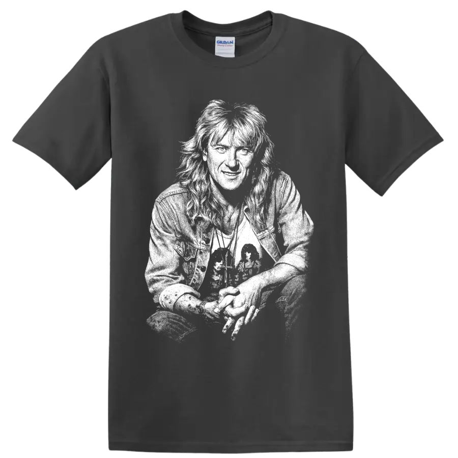 High-contrast Joe Elliott Def Leppard British rock singer portrait graphic on a Charcoal T Shirt