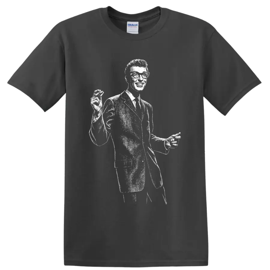Buddy Holly guitarist silhouette in bold black-and-white rock and roll graphic style on a Charcoal T Shirt