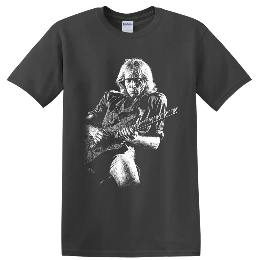 Glenn Tipton of Judas Priest playing guitar in a bold monochrome portrait design on a Charcoal T Shirt