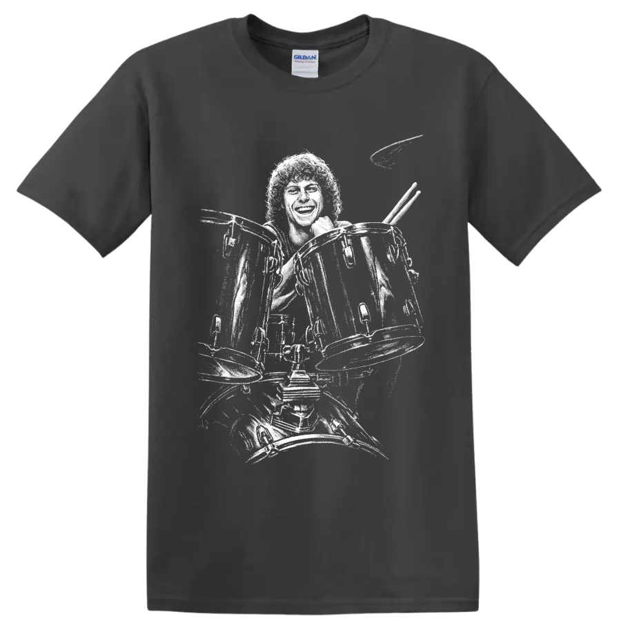 High-contrast Tommy Aldridge rock drummer silhouette performing behind a drum kit on a Charcoal T Shirt