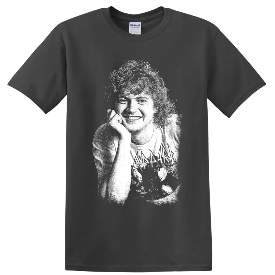 High-contrast Rick Allen drummer portrait with drum kit rock artwork on a Charcoal T Shirt