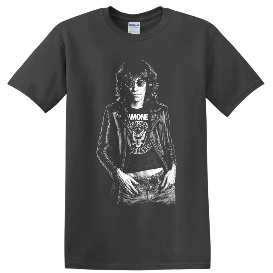 High-contrast black-and-white Joey Ramone punk rock singer portrait with microphone on a Charcoal T Shirt