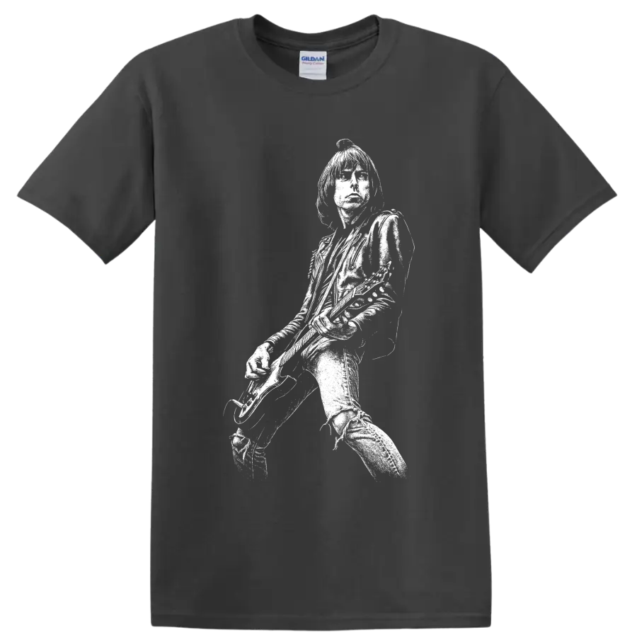 High-contrast Joey Ramone portrait with microphone in vintage punk rock style on a Charcoal T Shirt