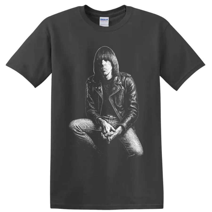 White stencil-style Joey Ramone portrait in sunglasses and leather jacket on a Charcoal T Shirt