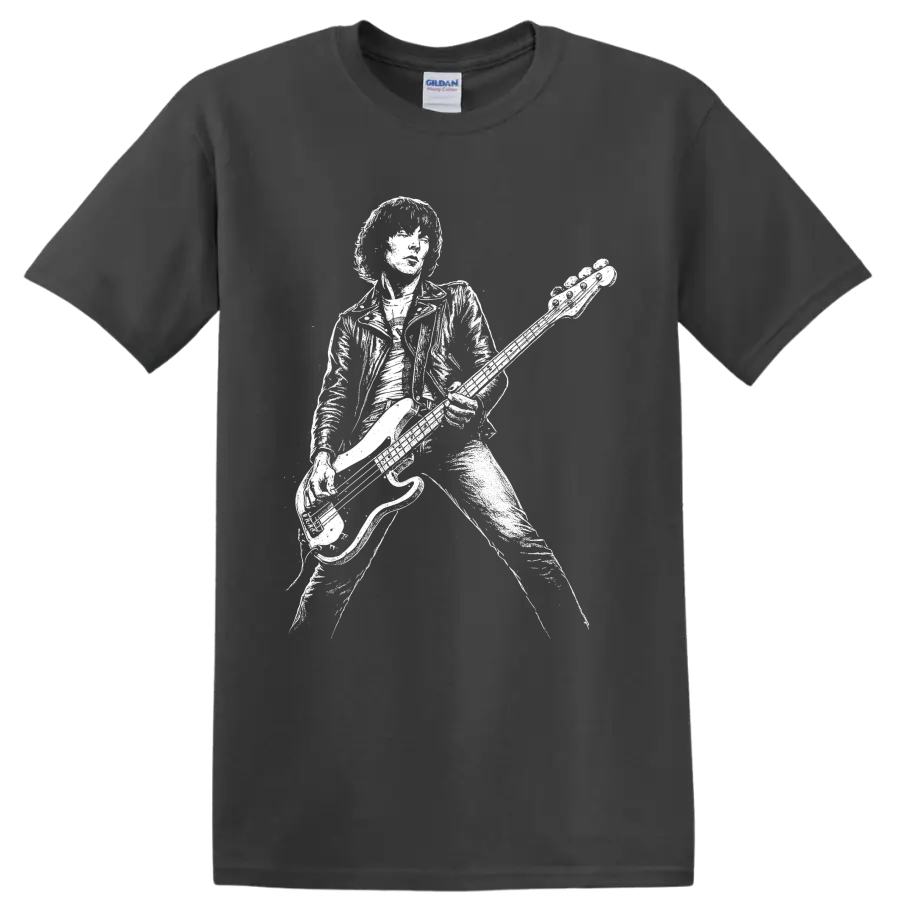 Dee Dee Ramone bass guitarist portrait in stark black-and-white punk style on a Charcoal T Shirt