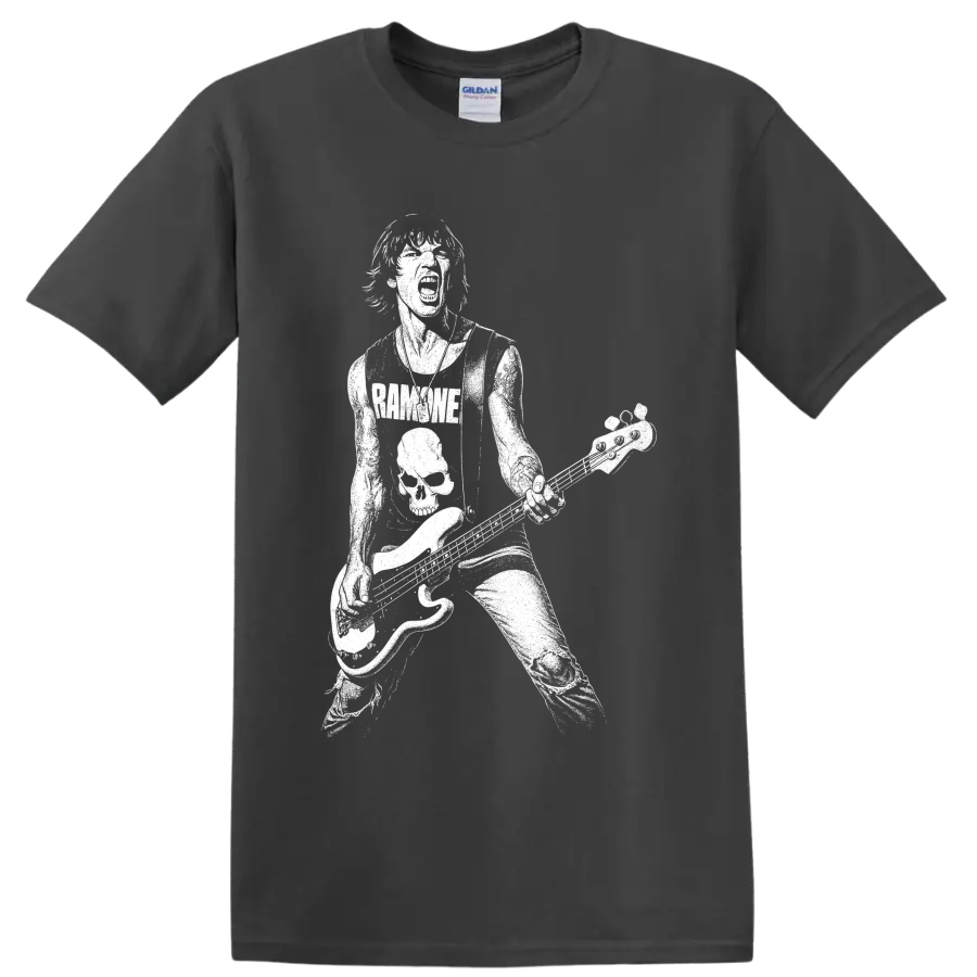 Dee Dee Ramone playing bass in a bold white punk rock silhouette on a Charcoal T Shirt