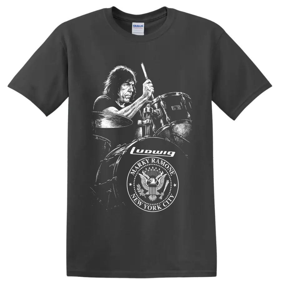 High-contrast Marky Ramone drummer portrait with drum kit in punk rock art on a Charcoal T Shirt