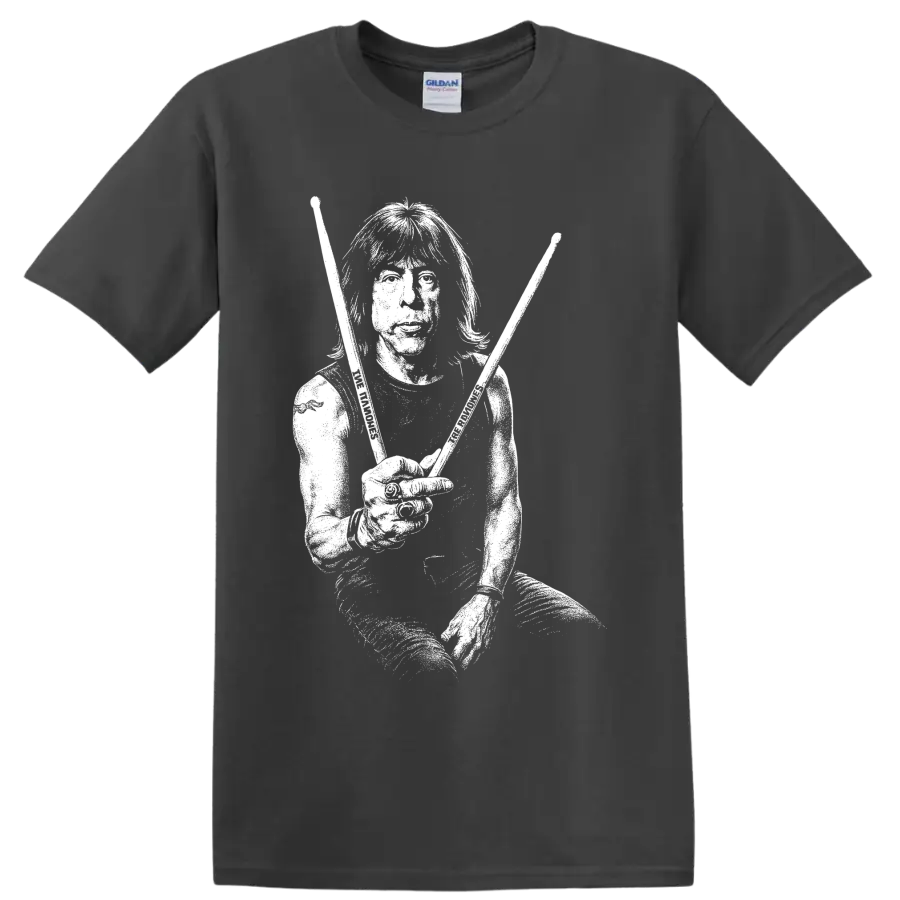 Marky Ramone portrait in stark black-and-white punk rock illustration on a Charcoal T Shirt