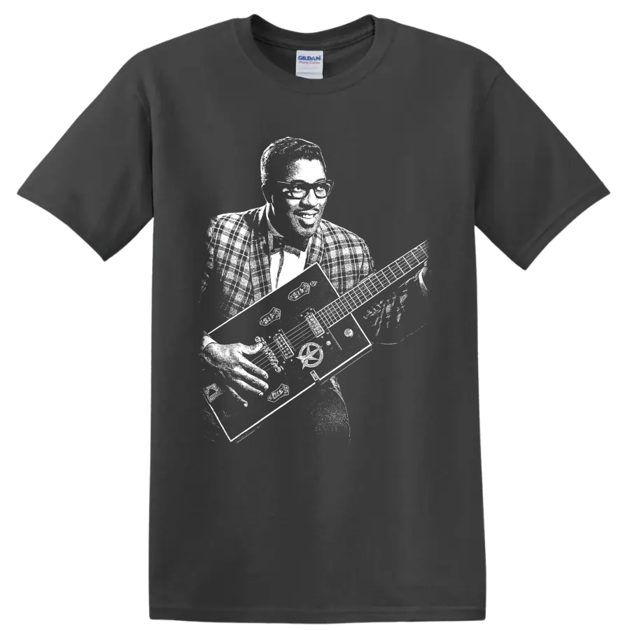 Bo Diddley black-and-white portrait with square guitar in vintage performance style on a Charcoal T Shirt