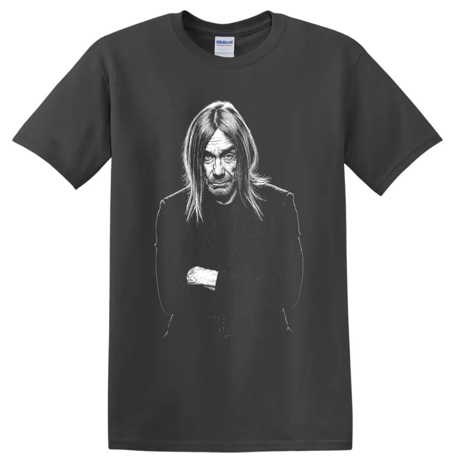 High-contrast Iggy Pop performance portrait graphic with microphone on a Charcoal T Shirt