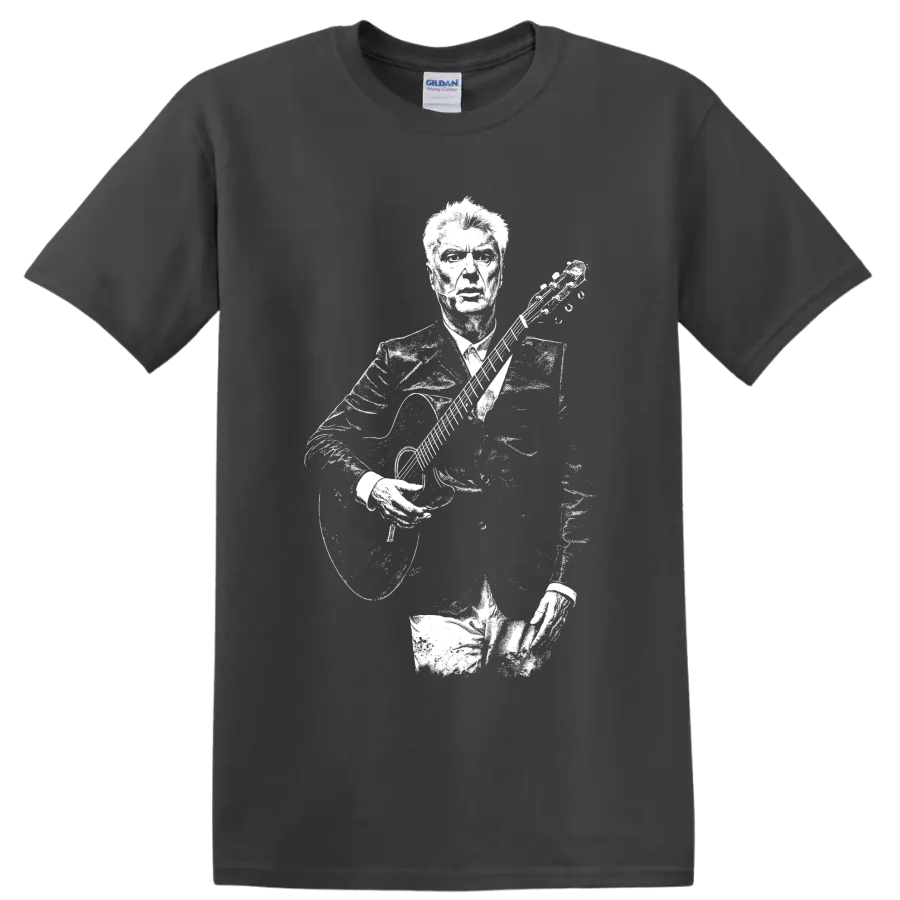 David Byrne with guitar in a high-contrast stencil portrait style on a Charcoal T Shirt