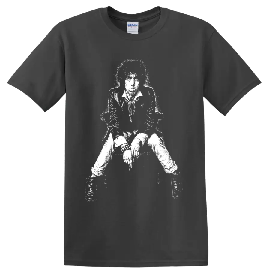 High-contrast Mick Jagger portrait graphic inspired by The Rolling Stones on a Charcoal T Shirt