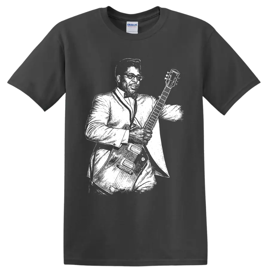 Bo Diddley playing guitar in bold white rock and roll silhouette artwork on a Charcoal T Shirt