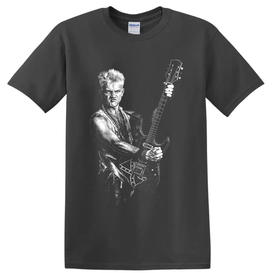 Billy Idol raised fist and microphone punk rock concert portrait graphic on a Charcoal T Shirt