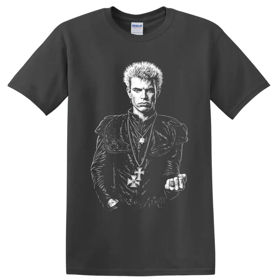 High-contrast Billy Idol portrait in a bold punk rock illustration style on a Charcoal T Shirt