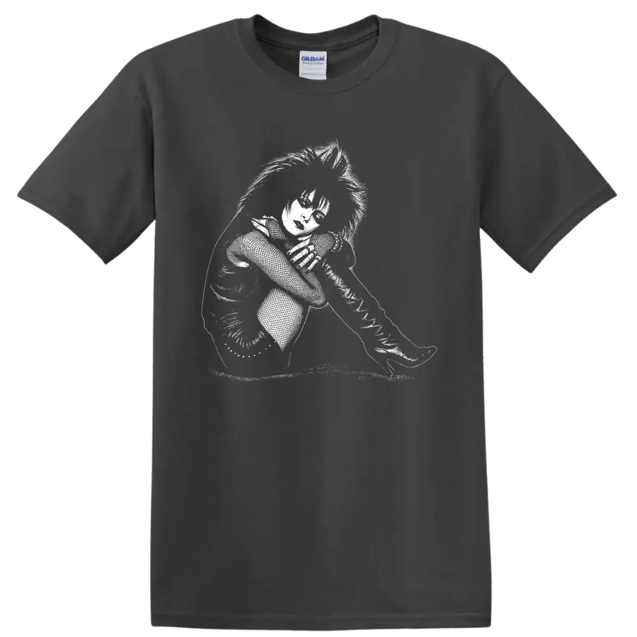Siouxsie Sioux monochrome portrait singing into microphone in gothic punk style on a Charcoal T Shirt