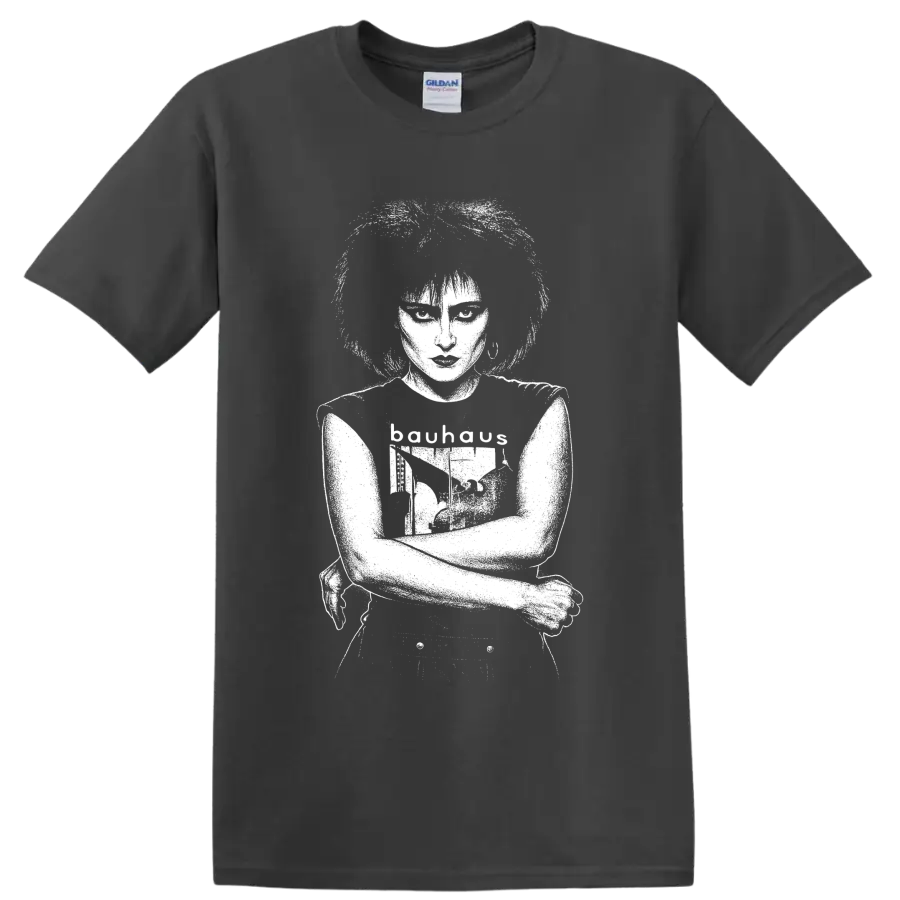 Monochrome Siouxsie Sioux portrait in a bold post-punk music graphic style on a Charcoal T Shirt