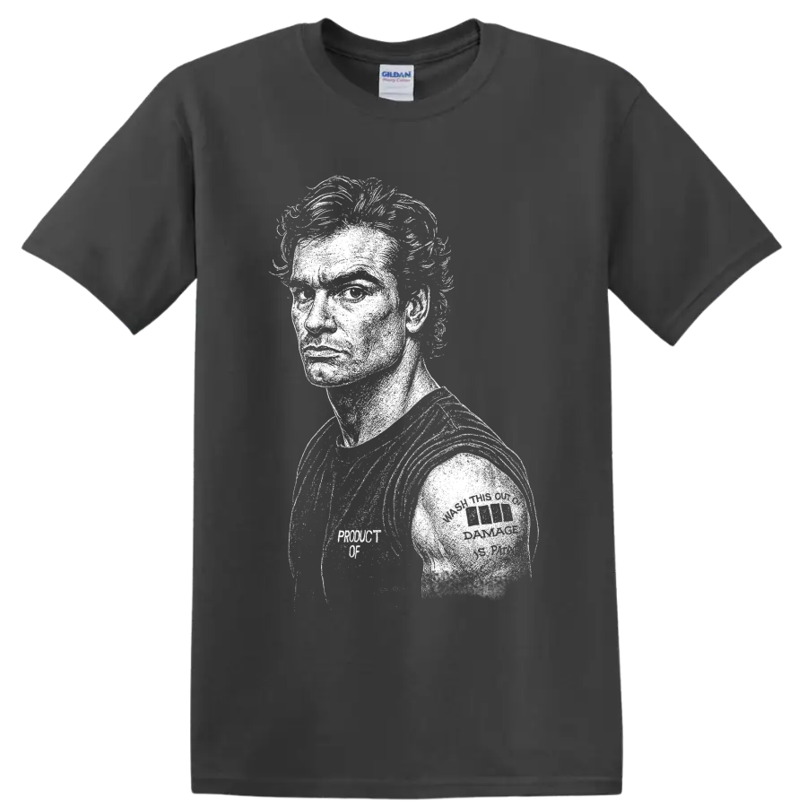 Stark distressed Henry Rollins portrait in Black Flag hardcore punk style on a Charcoal T Shirt