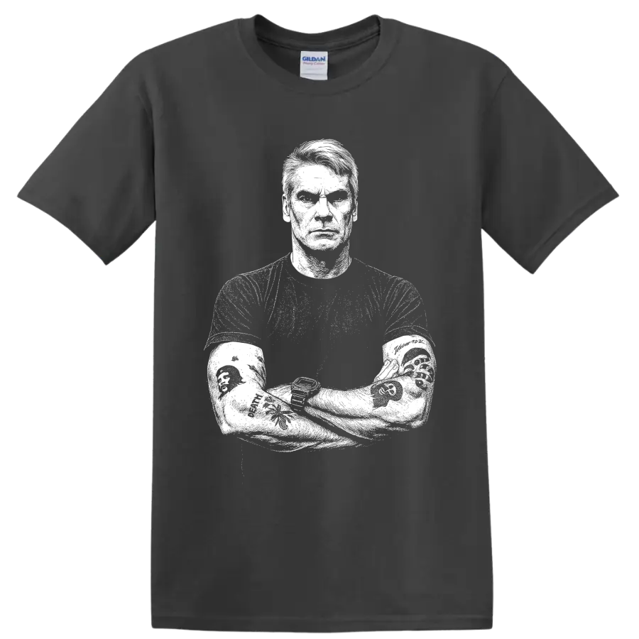 High-contrast black-and-white Henry Rollins Black Flag punk portrait graphic on a Charcoal T Shirt