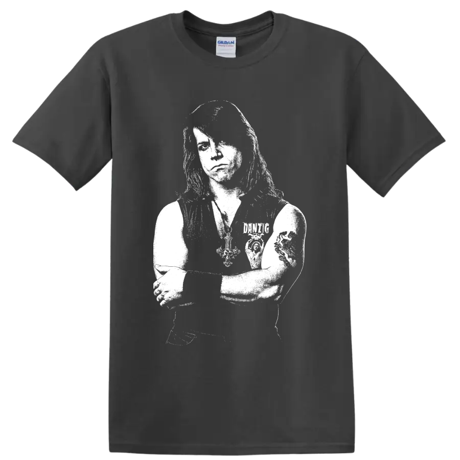 High-contrast Glenn Danzig portrait in stark punk rock graphic style on a Charcoal T Shirt