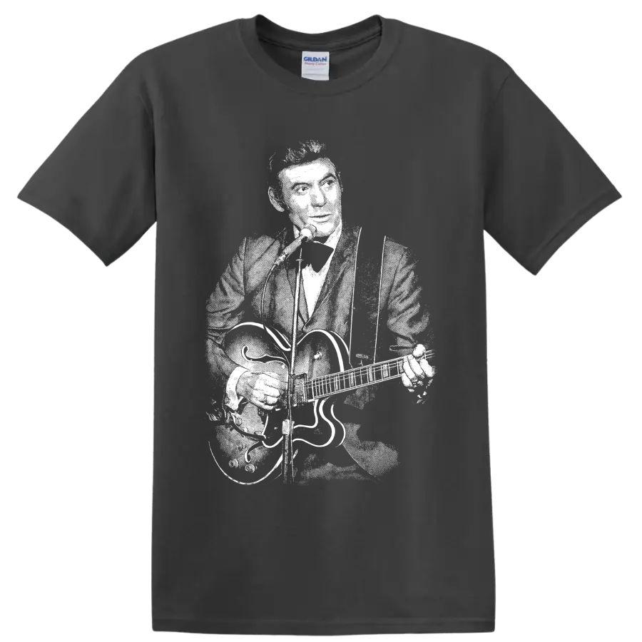 Monochrome Carl Perkins guitarist portrait in vintage rockabilly illustration style on a Charcoal T Shirt