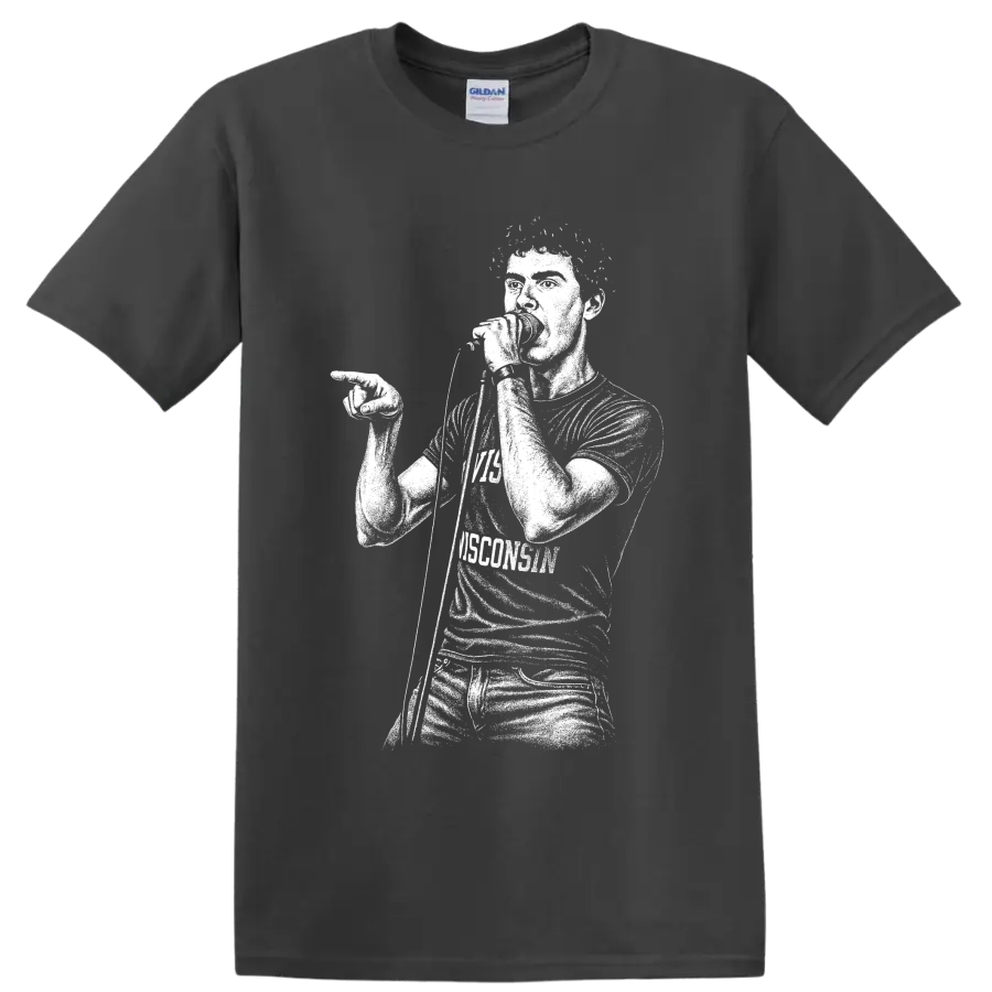 Ian Curtis portrait in stark monochrome post-punk illustration style on a Charcoal T Shirt