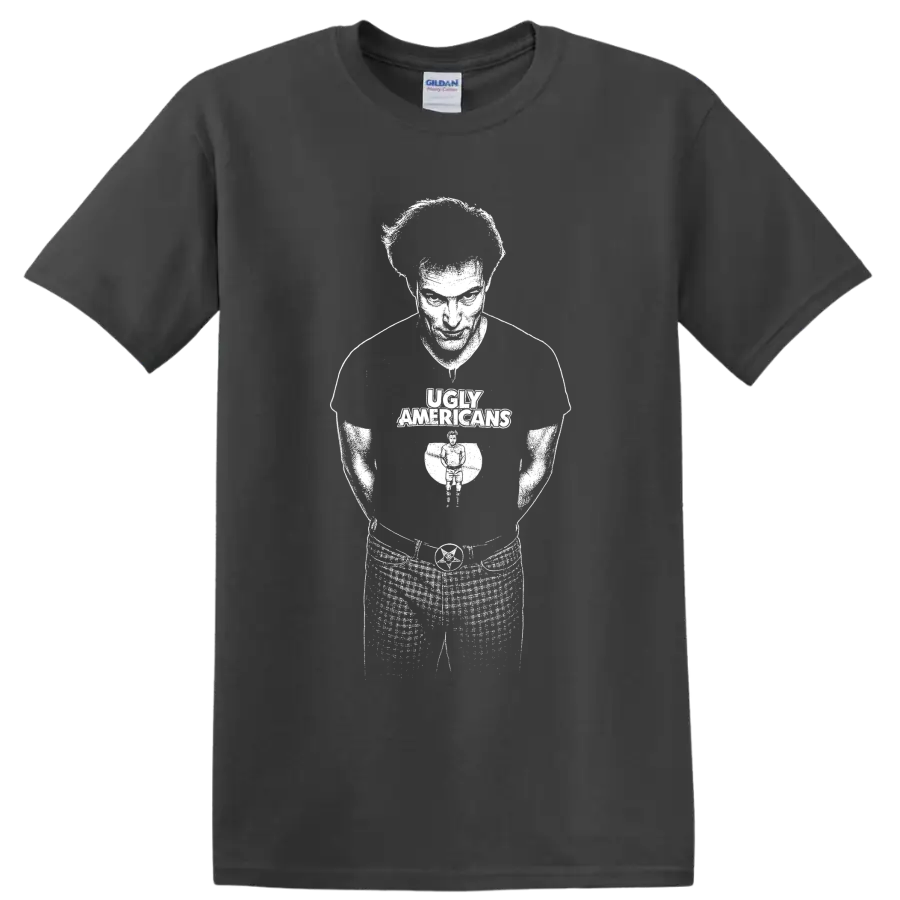 Bob Schneider Ugly Americans guitarist silhouette in bold monochrome graphic style on a Charcoal T Shirt