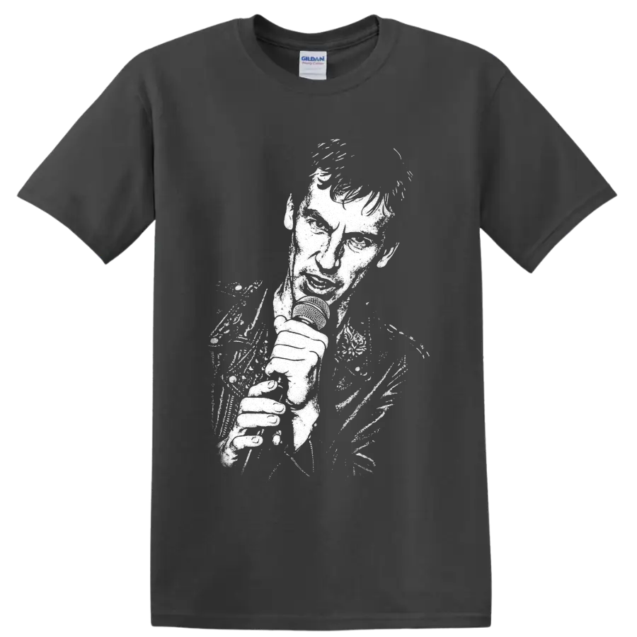 High-contrast Ian McCulloch guitar portrait in distressed post-punk style on a Charcoal T Shirt