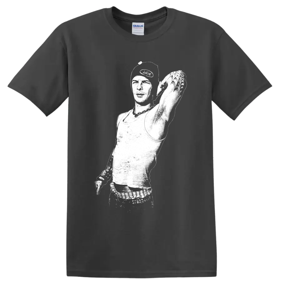 Anthony Kiedis white silhouette singer portrait with microphone and cap on a Charcoal T Shirt