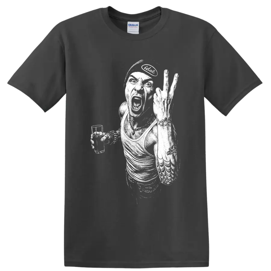 High-contrast Chester Bennington performance portrait with microphone and raised arm on a Charcoal T Shirt