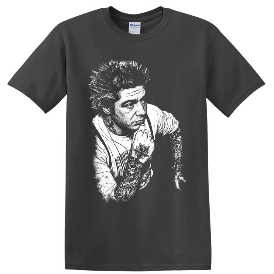 High-contrast Mitch Lucker portrait in a stark black-and-white deathcore graphic style on a Charcoal T Shirt