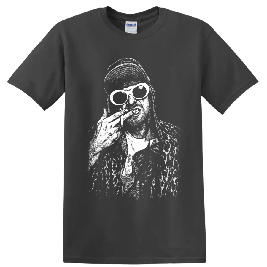High-contrast Kurt Cobain Nirvana portrait in black-and-white grunge illustration on a Charcoal T Shirt