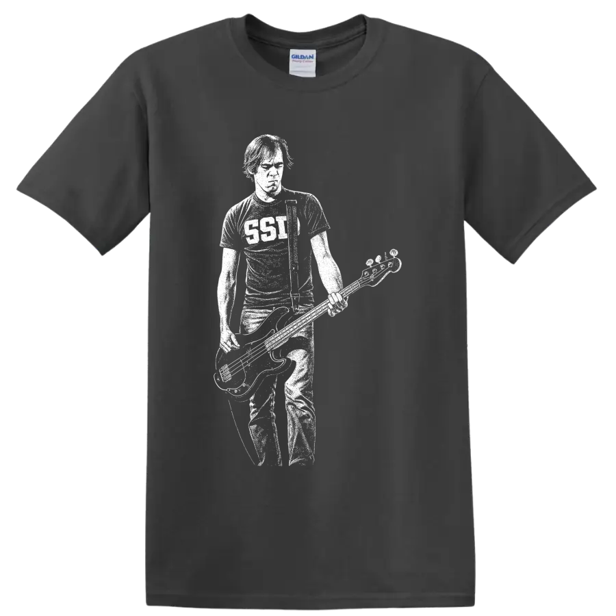 Krist Novoselic holding bass in a bold white minimalist grunge portrait on a Charcoal T Shirt