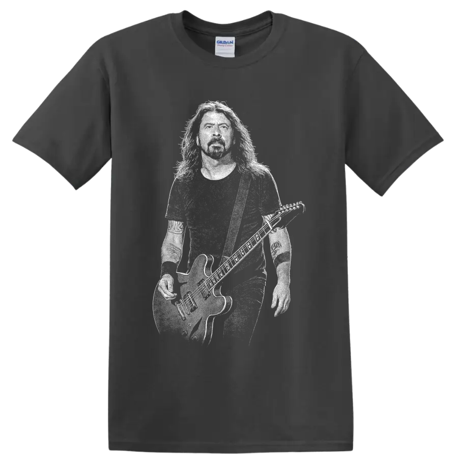 High-contrast Dave Grohl guitarist portrait silhouette graphic on a Charcoal T Shirt