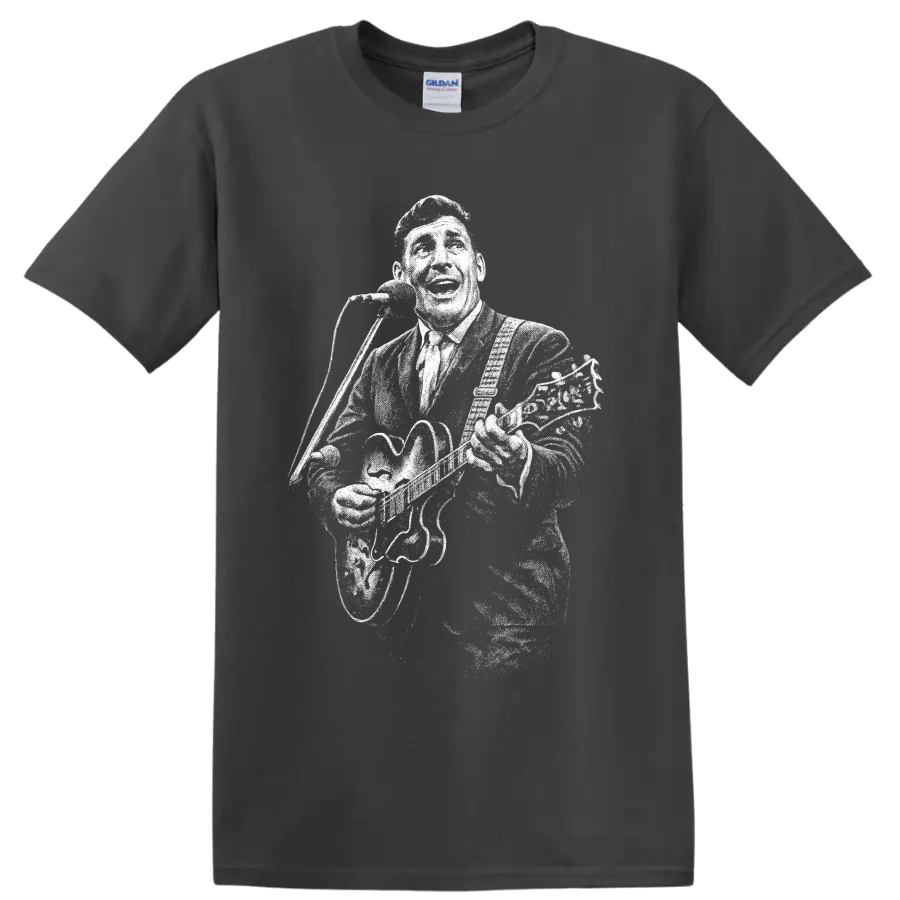 Carl Perkins high-contrast vintage-style rockabilly musician portrait graphic on a Charcoal T Shirt