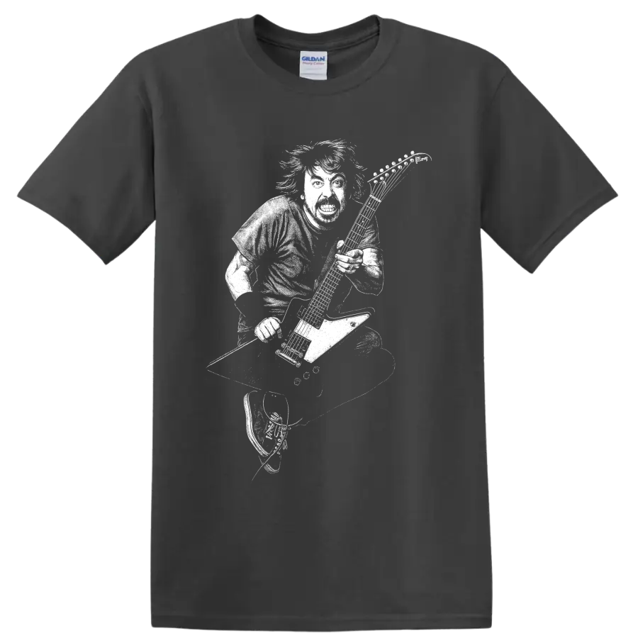 Dave Grohl guitarist silhouette with microphone in bold monochrome rock performance style on a Charcoal T Shirt