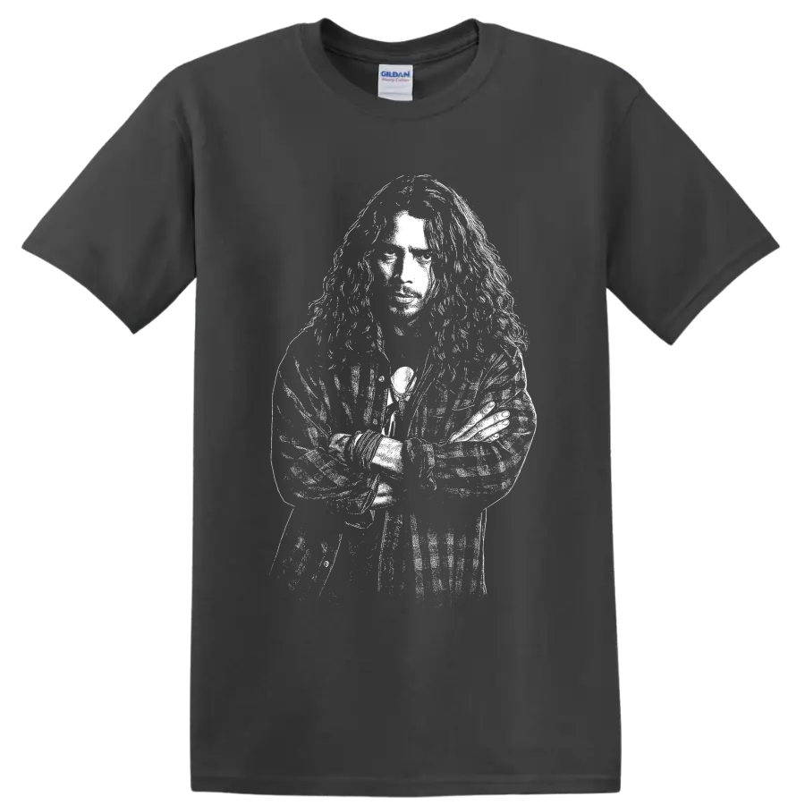 High-contrast Chris Cornell portrait in distressed grunge rock illustration style on a Charcoal T Shirt